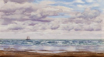  clouds Oil Painting - Gathering Clouds A Fishing Boat Off The Coast seascape Brett John Beach